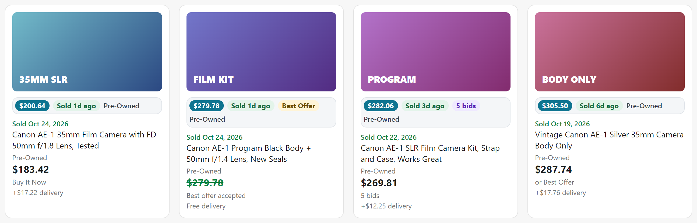 eBay sold listings with a SoldLens badge on each one showing the total price with shipping, how long ago it sold, whether it sold through Best Offer and its condition.