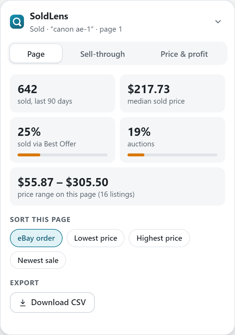 The SoldLens panel's Page tab for sold Nintendo Switch OLED listings: results, median sold price, Best Offer and auction shares, the price range, sort buttons and CSV download.